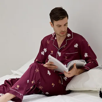 

Male Sleepwear 2PCS Sleep Set Satin Print Kimono Bathrobe Gown Shirt&Pants Casual Spring Summer New Intimate Lingerie Homewear