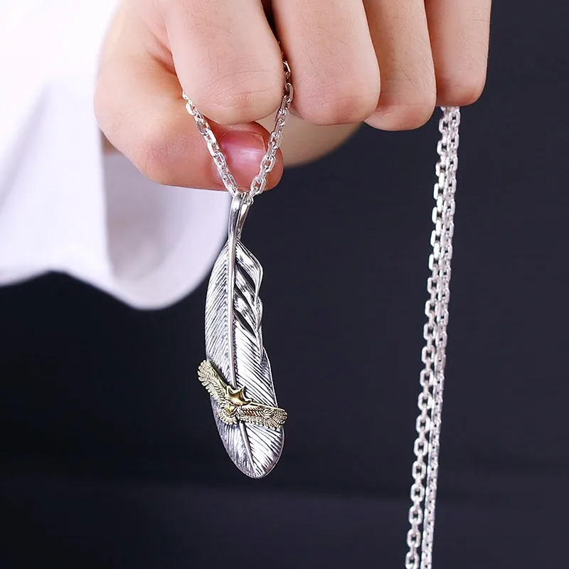 Handmade Vintage Indian Style Eagle Feather Pendant Charms For Necklace Pure 925 Sterling Silver Oxide Thai Silver Jewelry