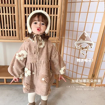 

2-6y Girls Winter Warm Coat New Tpddler Kids Wool Coat Children Plus Velvet Thicken Clothing 3D Flower Patter Girl Coat with Cap