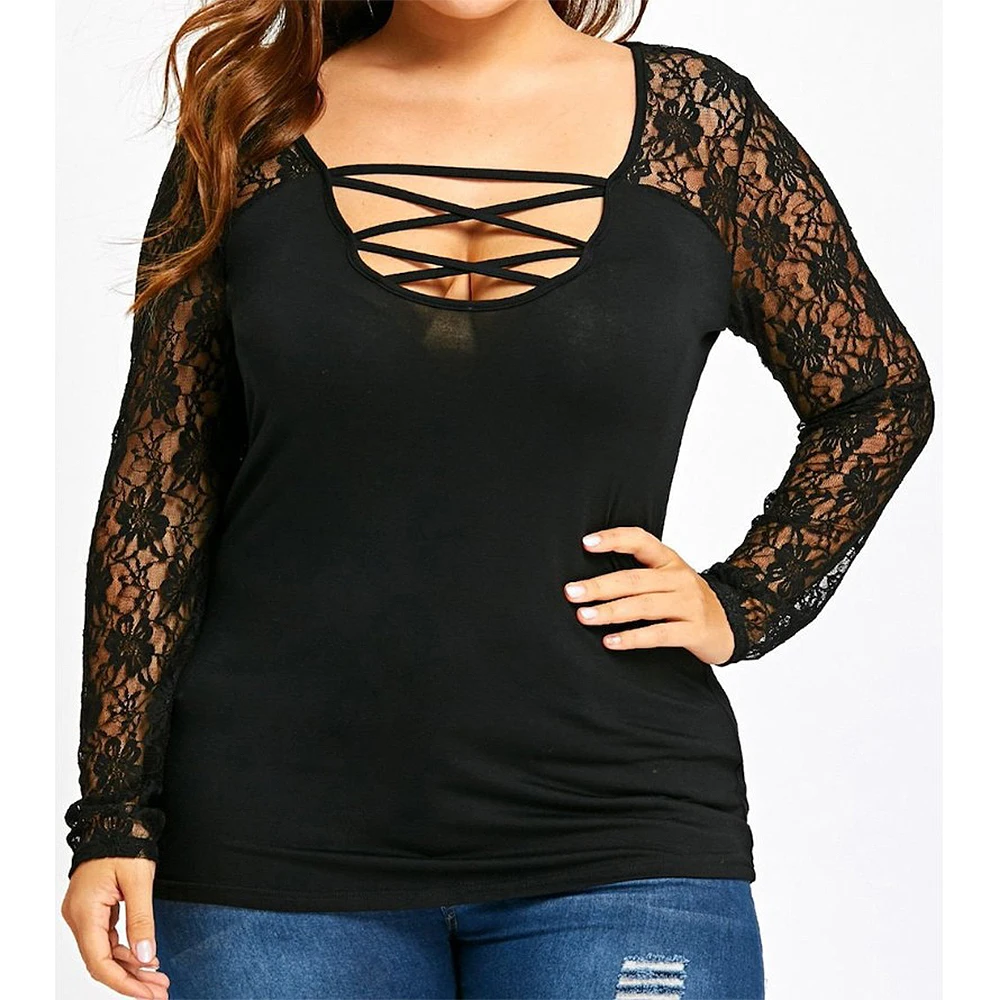 

Wipalo Plus Size Criss Cross Lace Insert Women T Shirts Autumn Spring Long Sleeve Jersey T-Shirt Female Casual Tops Loose L-5XL