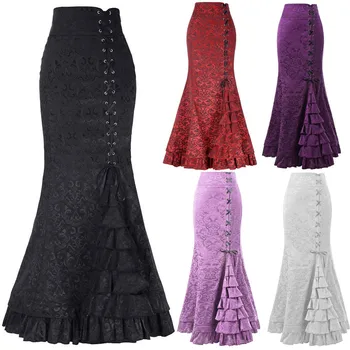 

Women's Skirt Punk Style Retro Mermaid Skirt Vintage Long Ruffle Slim Fit Fishtail Skirt lace-up black slim plus size Skirt#G1