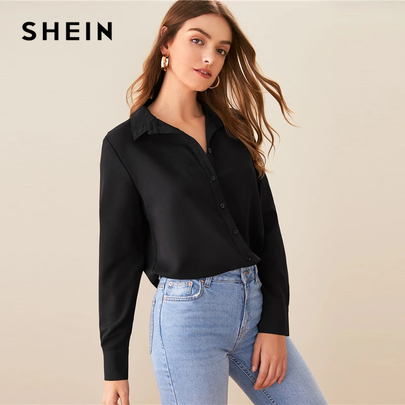 SHEIN черная однотонная Повседневная Блузка с отложным воротником, рубашка, женские топы, Осенние Асимметричные женские блузки с длинным рукавом