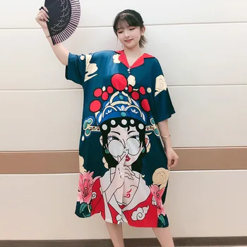 

Lapel Chinese Style Nightdress Women Summer Casual Nightgown Bathrobe Short Sleeve Sleepshirt Loose Print Intimate Lingerie