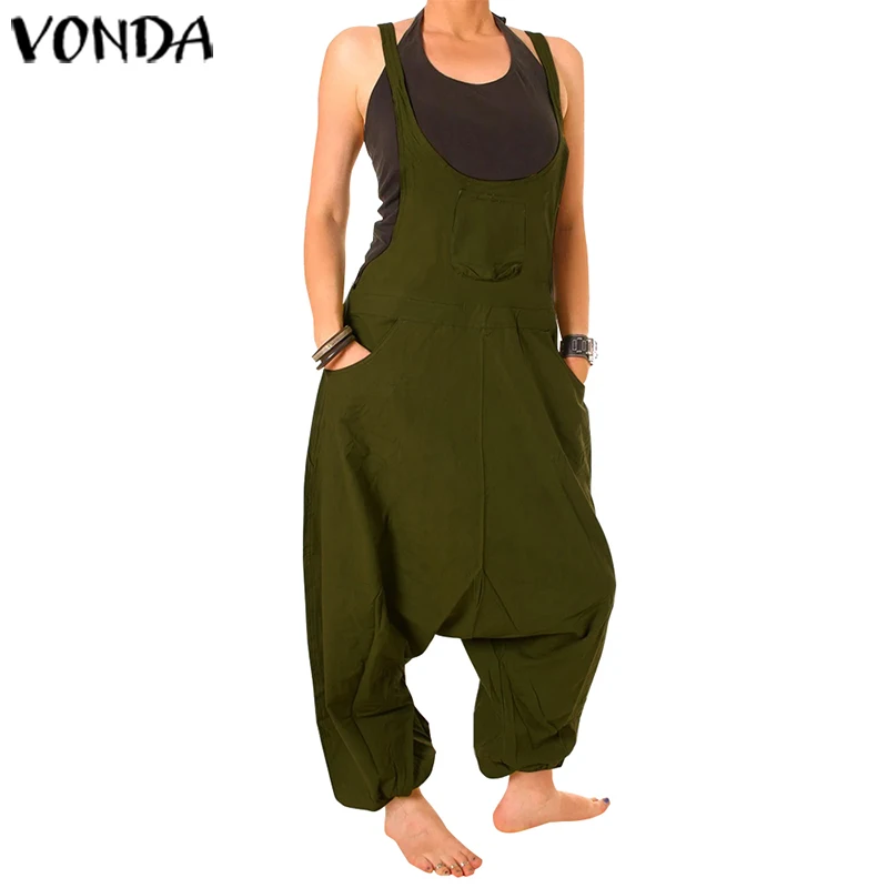 Винтажный комбинезон, летние комбинезоны, женские костюмы VONDA, повседневный свободный костюм пляжного типа без рукавов с открытой спиной, большие размеры, женские шаровары - Цвет: Армейский зеленый