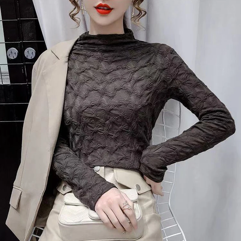 

Elgant Blouse Half High Collar Mesh Lace Women Bottoming Shirt 2021 Autumn Winter Fashion Slim Long Sleeve Tops Casual All-match