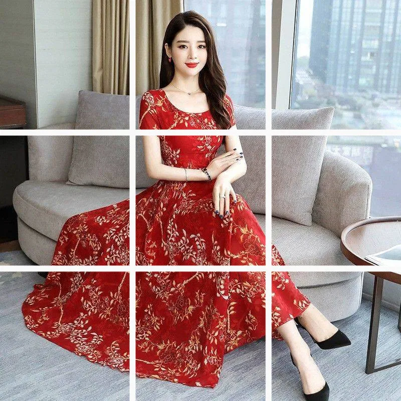 

2019 Spring Summer New Style Korean-style Elegant Cover Meat Slimming Dress Mid-length Middle-aged WOMEN'S Apparels Printed
