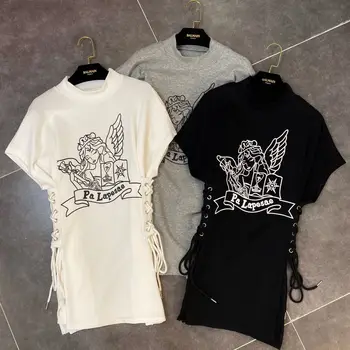 

Summer Round Collar Short-sleeved Letter Angel Pattern Waist Tanned Tee Dress
