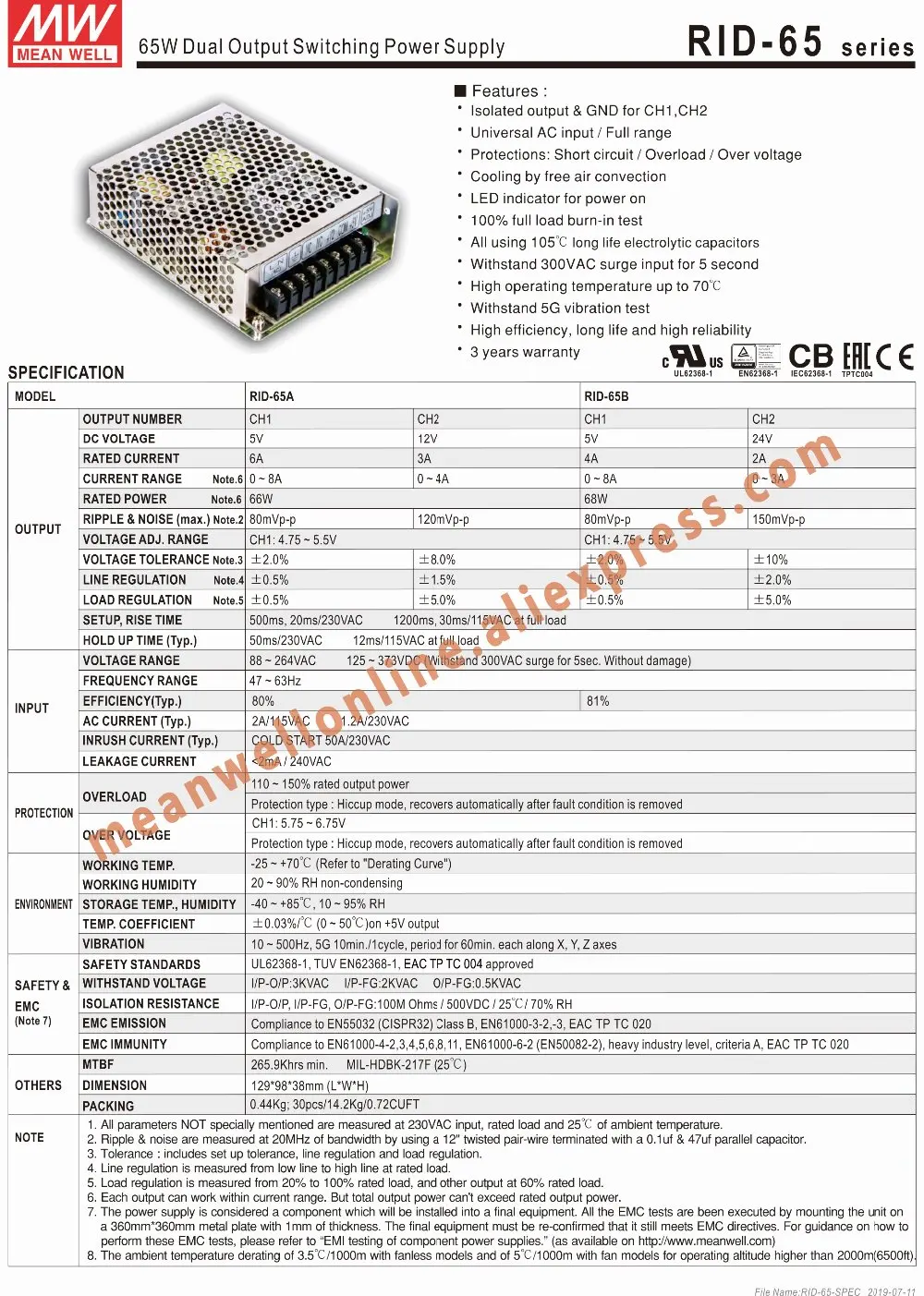 Бренд Mean Well представляет Рид-65 серия AC/DC 65W 5 V/12/24 V двойной Выход переключение Питание meanwell Интернет-магазин