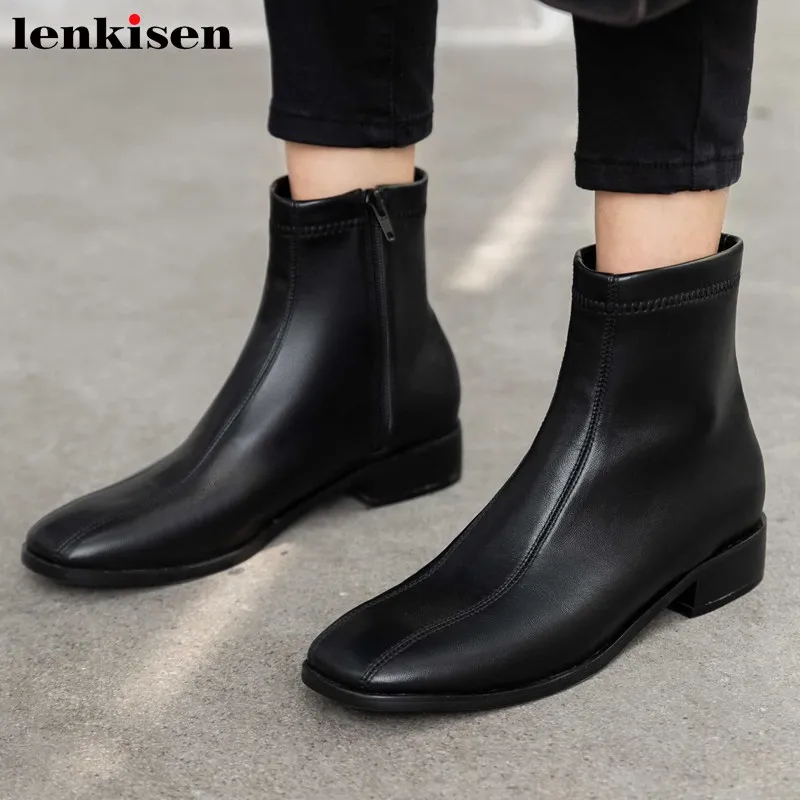 

Lenkisen daily wear basic simple style breathable cozy med heels square toe winter keep warm women solid Zipper ankle boots L13