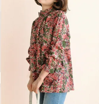 

Women Shirt Silk Cotton Shirt with Bow At The Back Vintage Floral Print Elegant Chic Literature Lazy Long-sleeved Shirt