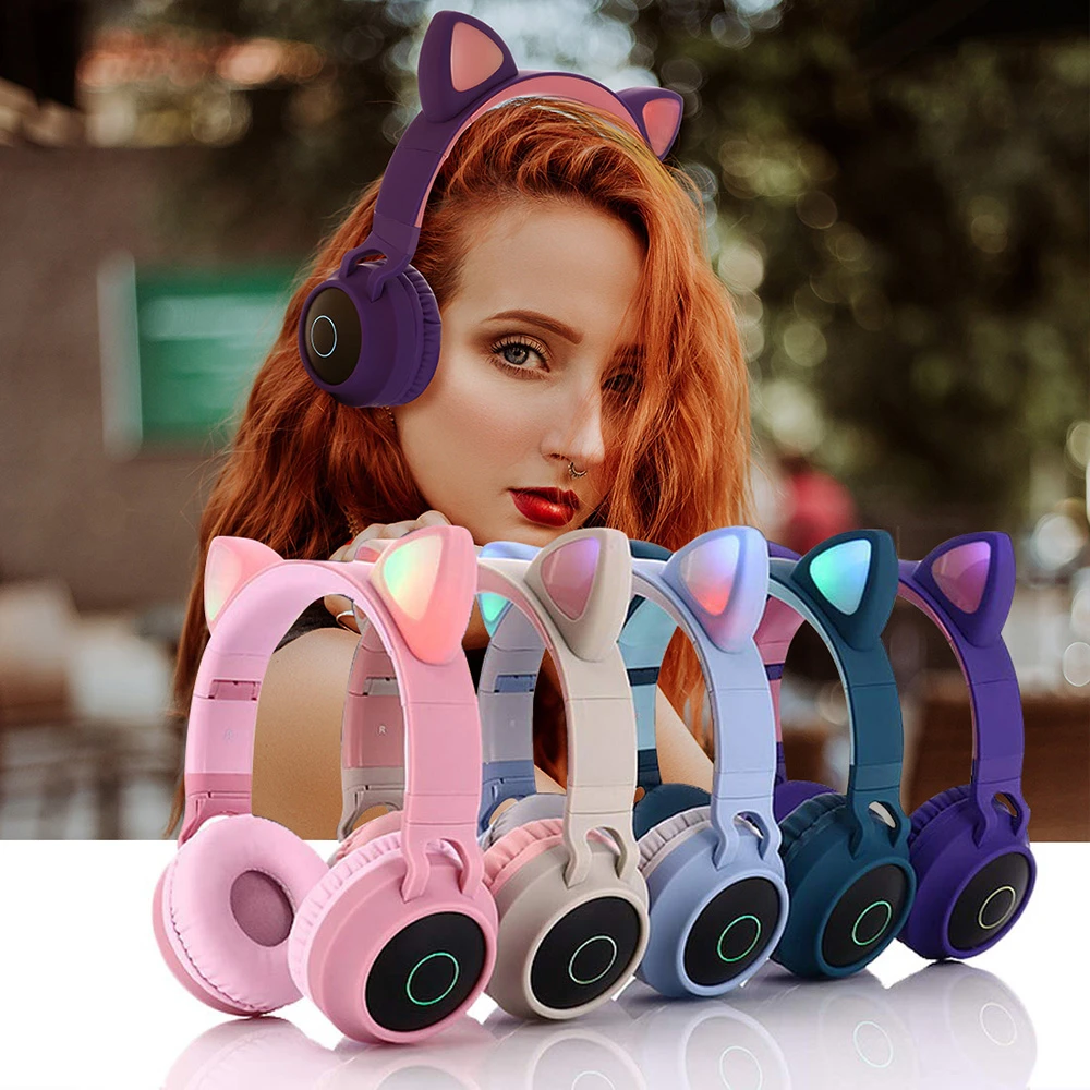 LED Bluetooth Wireless Cat Earbuds Folded Earphone With Microphone Cosplay Gaming Headset For Mobile Phone PC Laptop Kid