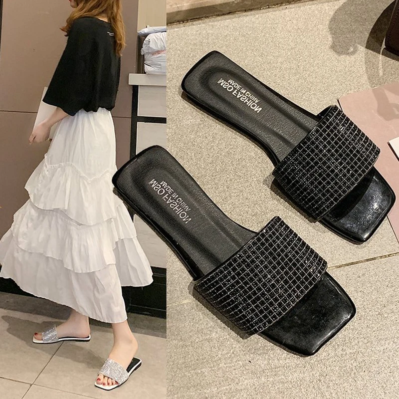 

Summer Fashion Flat Sandals Women Rhinestone Bling Woman Slippers Open Toe Beach Sandals Classic Good Match Color Cheap Shoes