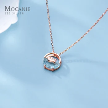

Mocanie Hot Sale 925 Sterling Silver Blue Crystal Sea Cute Small Fish Round Pendant Necklace for Women Link Chain Fine Jewelry