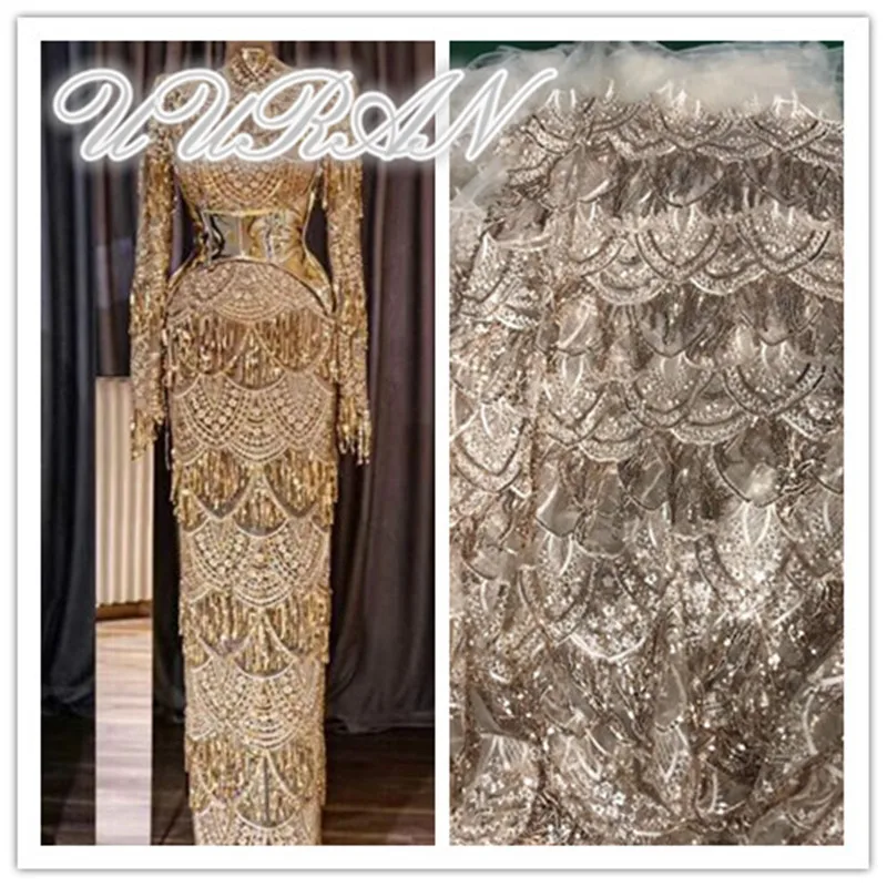 

Gold Silver Grey French sequins Lace Fabric Luxury Sequence Nigerian Embroidered Net Lace fabric