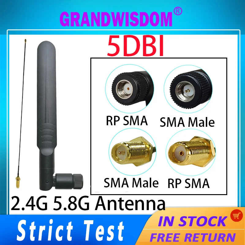 GRANDWISDOM 1-2PCS 2.4GHz 5.8Ghz Antenna 5dBi SMA Male Connector Dual Band wifi Antena + 21cm RP-SMA Male Pigtail Cable iot pbx 2pcs vehicle mounted antenna high gain car radio antenne dual band 144 430mhz pl259 car walkie talkie antena for zastone hytera