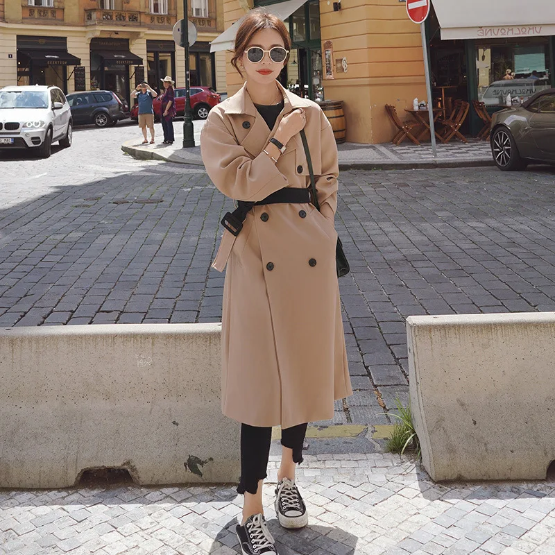

Khaki Trench Coat Women's Middle Long Coat 2019 Autumn New Style Loose-Fit Slimming England Casual Coat Women's