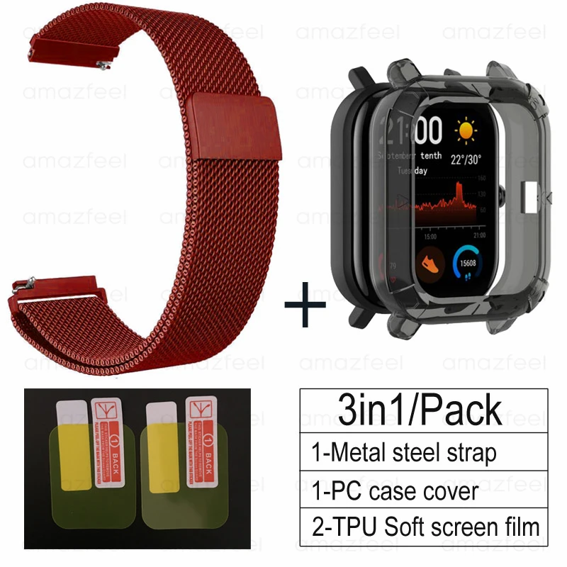 3в1 Для Amazfit GTS ремешок+ ТПУ чехол для Huami Amazfit gts Smartwatch Защитная пленка для экрана браслет ремешок на запястье - Цвет: red-black