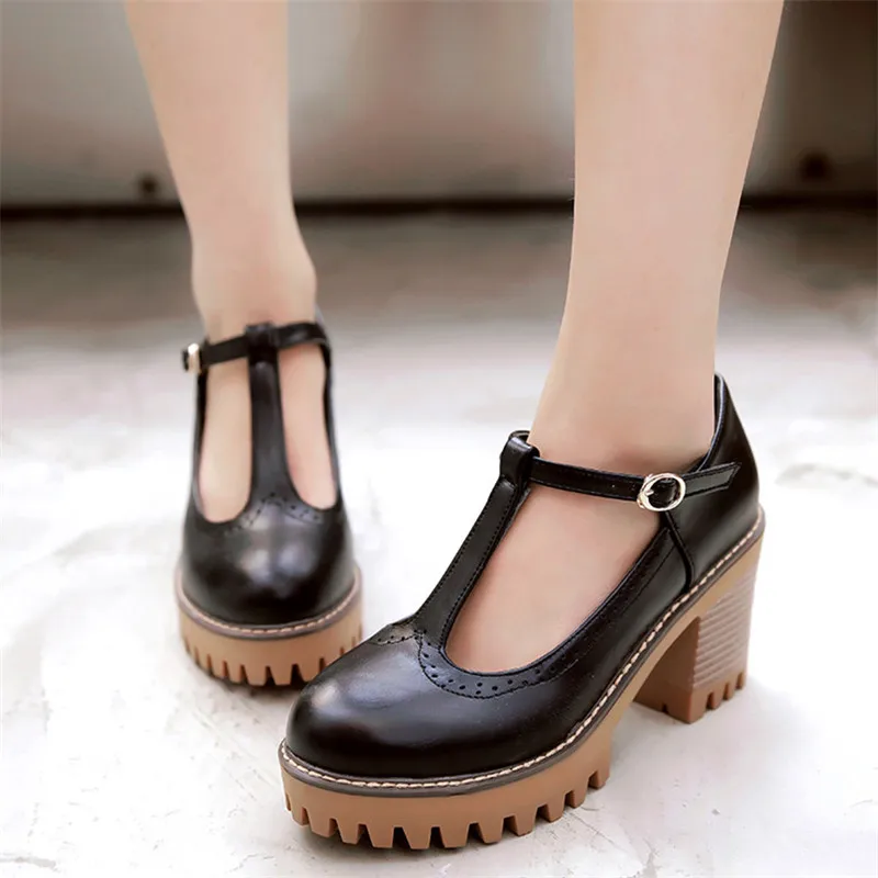 Ladies Block High Heels Platform Round Toe Ankle Buckle Strap Casual Shoes Size 