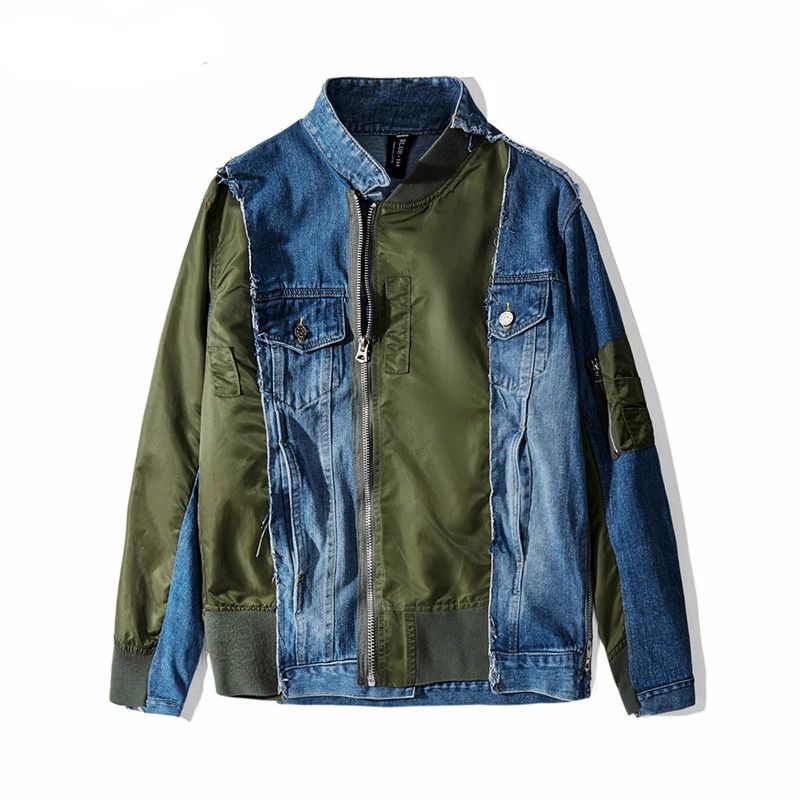 Mens Denim Jassen met Patchs Hip Hop Hipster Punk Rock Denim Jassen Motorfiets Colorblock Ripped Denim Jas Mannelijke Mens Denim Jassen met Patchs Hip Hop Hipster Punk Rock Denim Jassen Motorfiets Colorblock Ripped Denim Jas Mannelijke
