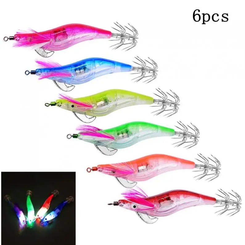

6pcs/lot LED Electronic Luminous Shrimp Squid Octopus Bait 12.2g 10cm Fishing Jigs Lure Night Fishing Tackle