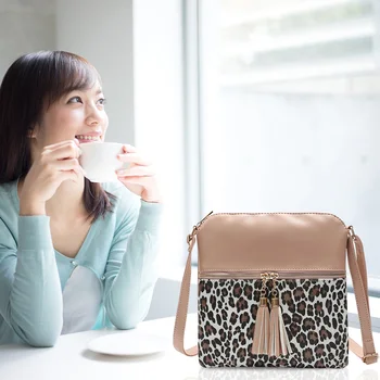 

Women Shoulder Bags Fashion PU Leather Leopard Splicing Ladies Purse Retro Female Travel Messenger Tassel Satchel Bag