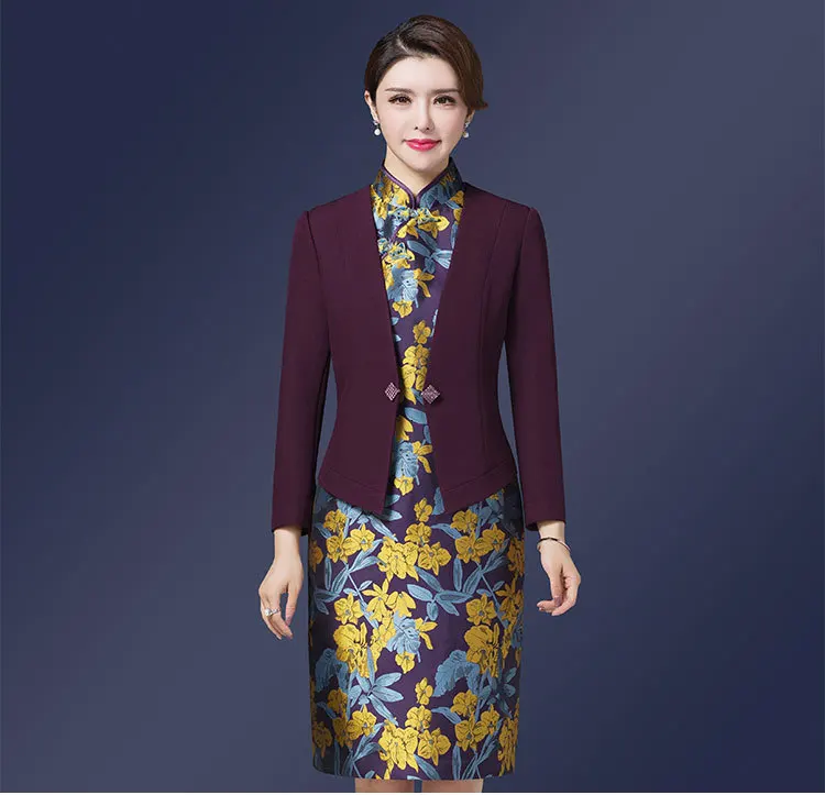 Винтажное ретро платье, костюмы для женщин, Qipao, тонкое, облегающее, миди платье, офисное, для девушек, мам, Формальное, для работы, для свадьбы, комплект из 2 предметов