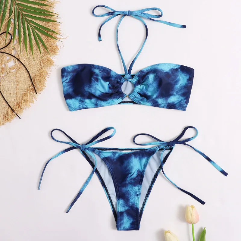 

Sexy Tie Dye Bikinis 2021 Mujer Bandeau Swimsuit Women 2 Pieces High Cut Swimwear Female Vintage Bathing Suit Biquini Thong
