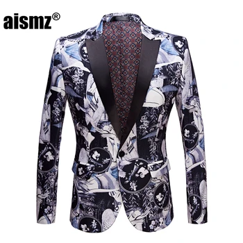 

Aismz New Male Retro Vintage Artistry Casual Blazer Beauty Pattern Print Design Mens Fashion Suit Jacket Singer Costume Coat