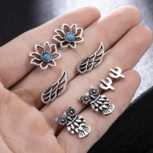 4 пар/компл. Для женщин богемные серебряные Винтаж серьги животных Сова с рисунком "Подсолнух" крылья серьги-гвоздики свадебное ювелирное изделие