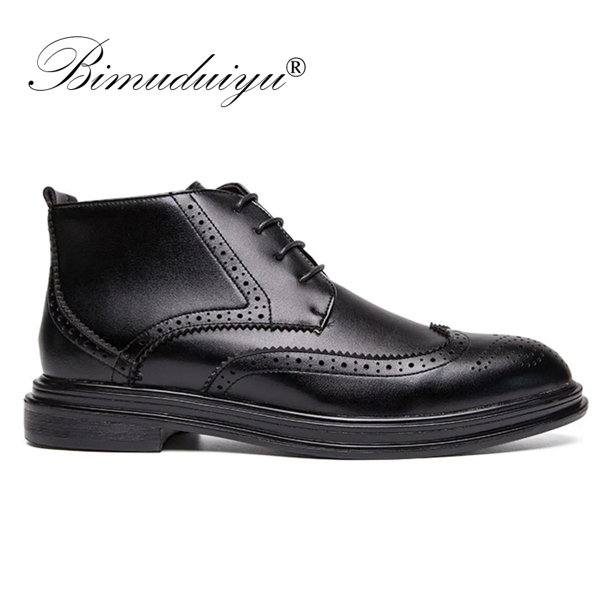 BIMUDUIYU Autumn New Men Leather Ankle Oxford Boots British Style Male Casual Lace Up Derby Shoes Fashion High Top Brogue Shoes