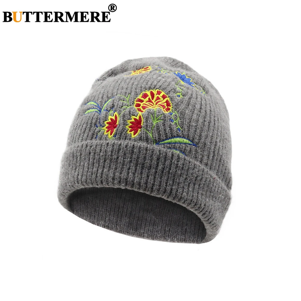 BUTTERMERE, шерстяная зимняя шапка, женская, Цветочная вышивка, розовая, Skullies Beanies, для девушек, высокая мода, теплая, для женщин, вязаные шапки