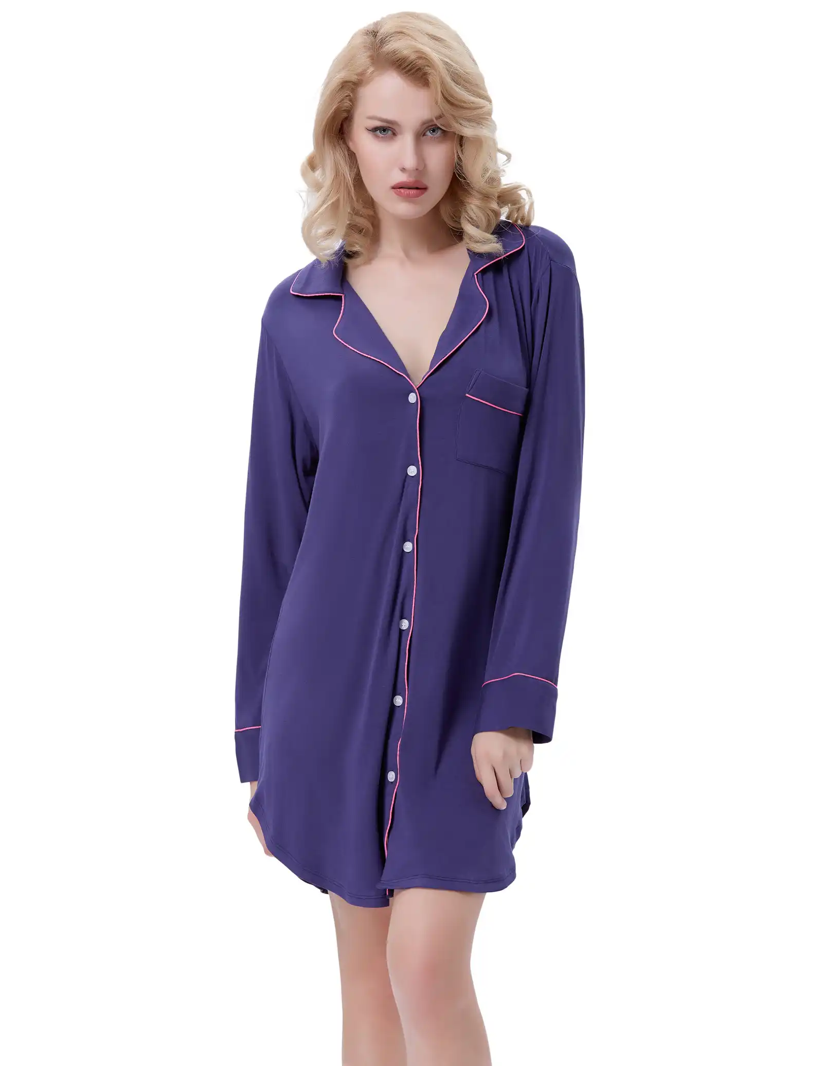 Zexxxy Women Long Sleeve Pajama Top Button Down Lapel Sleep Shirt Dress