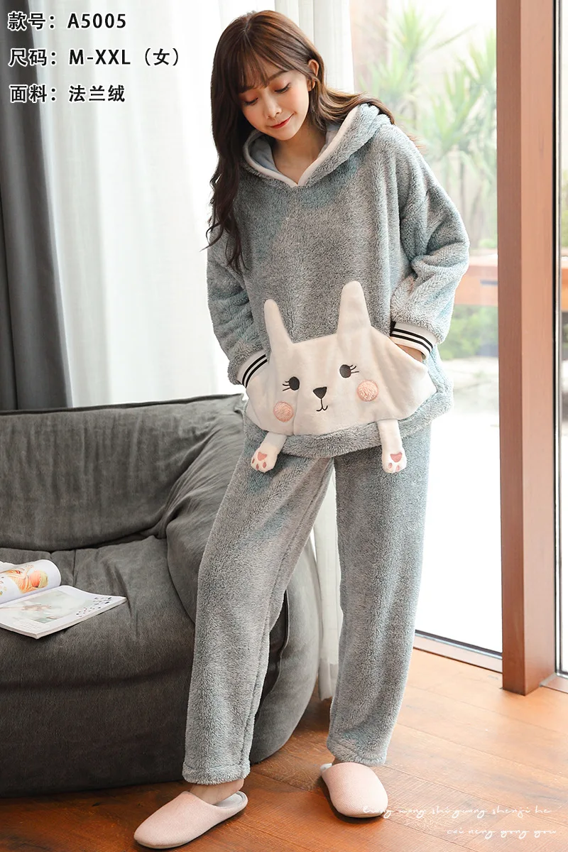 Coral Velvet Cartoon Hooded Ladies Long-sleeved Pajamas Two-piece Thick Flannel Girl Style Home Clothes Comfortable Warm