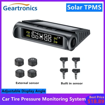 Monitor de presión de neumáticos para coche, sistema de alarma de temperatura de coche, TPMS, ángulo ajustable, inalámbrico, Solar, con 4 sensores