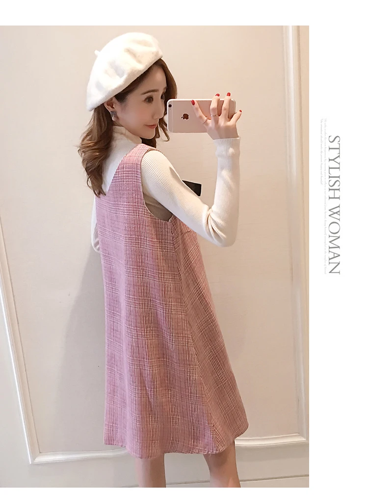 6596# 2PCS/Set Autumn Korean Fashion Maternity Dress Sweet Lovely Straight Loose Clothes for Pregnant Women Fall Pregnancy
