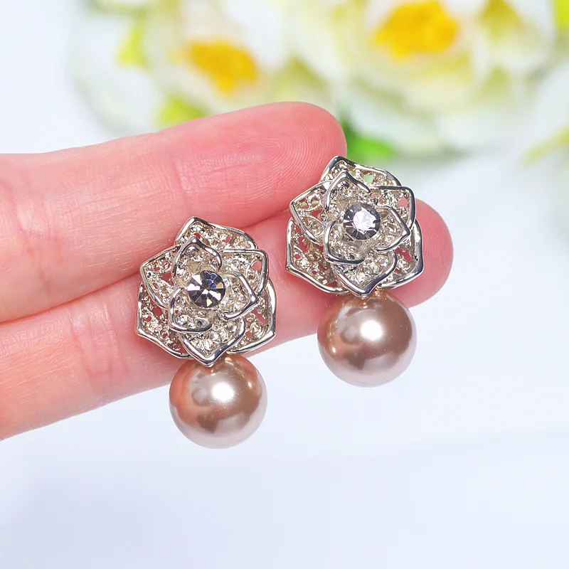 

New Luxury Crystal Flower Earrings for Women Big Imitate Pearl Drop Earrings Classic Bridal Earrings Wedding Jewelry Brincos
