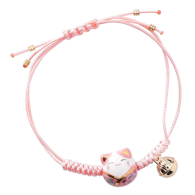 Hand-knitted Ceramic Lucky Cat Charm Rope Bracelets Tassel Beads for Women bracelet jewelry,shell charm bracelets