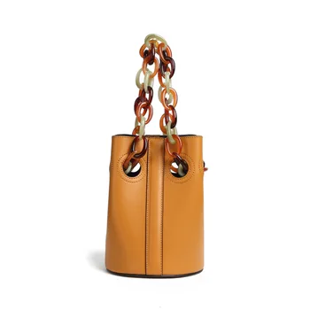 

Fashionable retro woman's handbag leather bucket female bag 2020 new texture messenger bag wild solid color resin chain bag