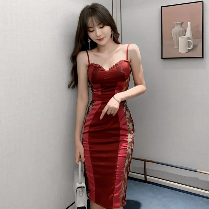 

Elegant Wrap Dress Summer 2020 High-end Women's Spaghetti Strap Strapless Lace Dress Women Vacation Ladies Lace Embroidery Dress