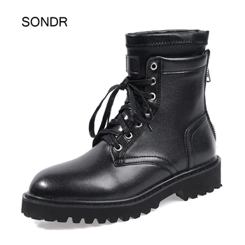 

Casual New Shoes Women Martin Boots Fashion Brand British Style Female botas mujer Cross-tied Motorcycle Boots Black Shoes