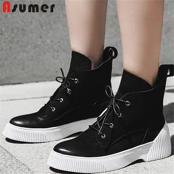 

ASUMER 2020 New full genuine leather boots lace up high quality cow leather round toe spring autumn shoes female ankle boots
