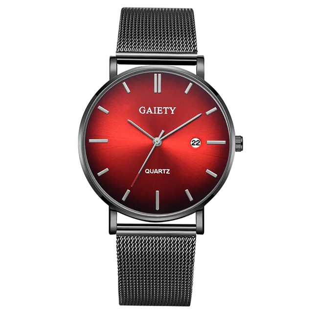 Top Brand Mens Watches Fashion Ultra Thin Quartz Man Wrist Watch Luxury Men's Aurora Gradient Watch Casual Mesh Steel Male Clock - Цвет: black red silver