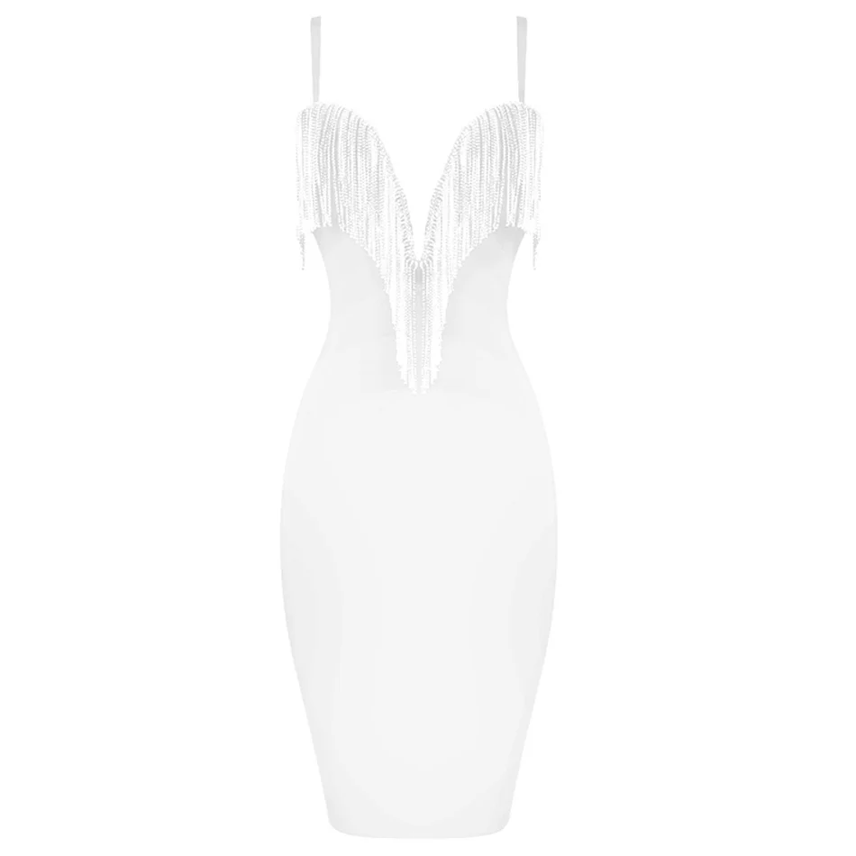 Очаровательные цепи ремни для бандажа платье дизайнер женщин V шеи Кристалл бахрома вискозный, обтягивающий клуб алмаз кисточкой летние мини платья - Цвет: white