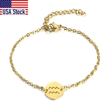 

12 Constellation Zodiac Charm Bracelet for Women Girl Golden Color 2mm Stainless Steel Rolo Cable Chain Jewelry Gift DB292