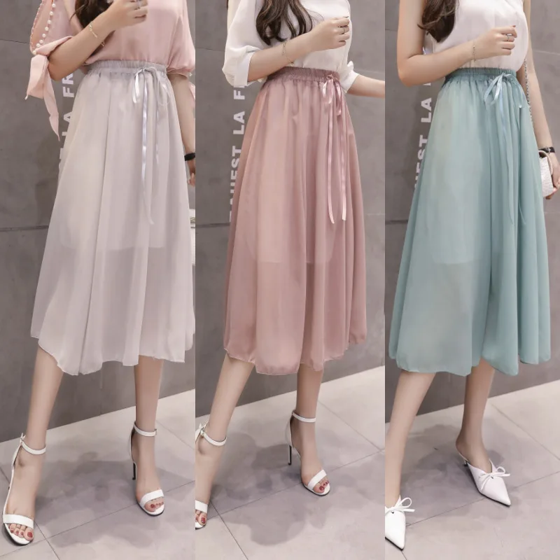 

2018 Summer Wear New Style Korean-style Chiffon Skirt Solid Color Elastic Waist Thin High-waisted Fashion Medium-length Skirt