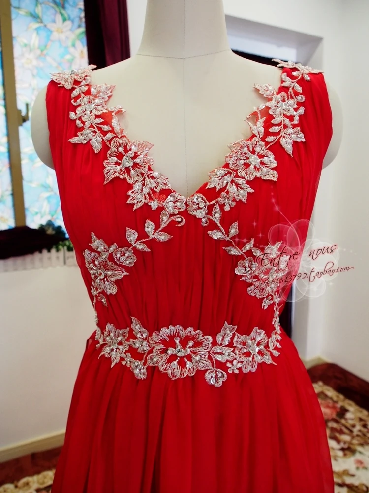 Robe de soiree красное шифоновое длинное платье для выпускного вечера стиль сексуальное с v-образным вырезом А-силуэта с аппликацией вечернее платье, расшитое бисером платья для подружек невесты