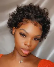 Beeos-peluca corta con rulos de corte Pixie 250%, 4x4, pelucas de cabello humano brasileño Remy, cabello humano de 8 pulgadas prearrancado con pelo de bebé