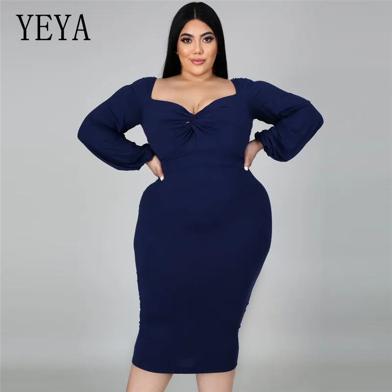 

YEYA Plus Size Clothing for Women 4XL 5XL Elegant Long Sleeve Bodycon Dress Office Lady Sheath Pencil Dress Large Size