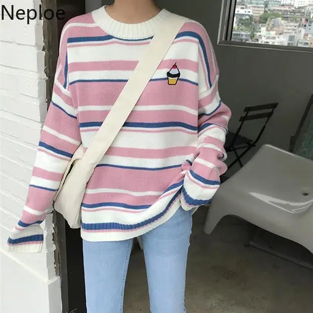 

Neploe Women's Stripe Sweaters Korean Preppy Style Embroidery Knitted Pullover Harajuku Clothing Long Sleeve Pull Jumpers 54650
