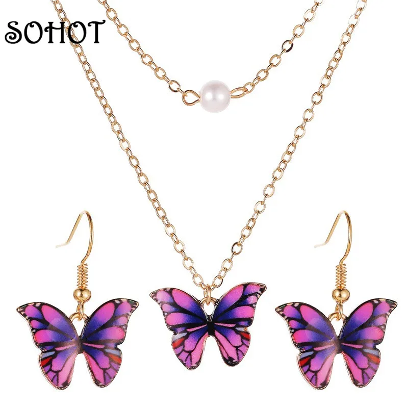 SOHOT Cute Trendy Colorful Enamel Butterfly Pendant Women Jewelry Set Romantic Double Necklace Earrings For Female Birthday Gift | Украшения